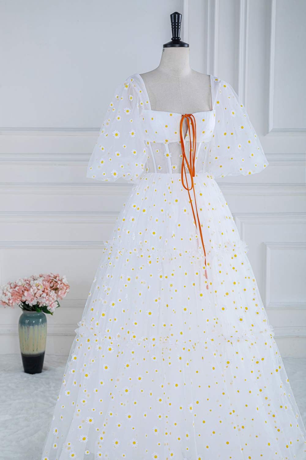 Daisy Embroideries White Puff Sleeves A-Line Long Prom Dress