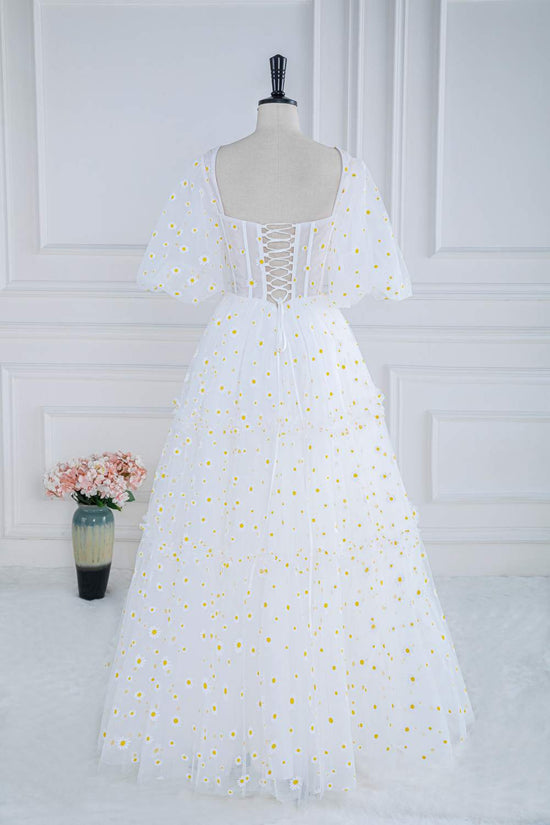 Daisy Embroideries White Puff Sleeves A-Line Long Prom Dress