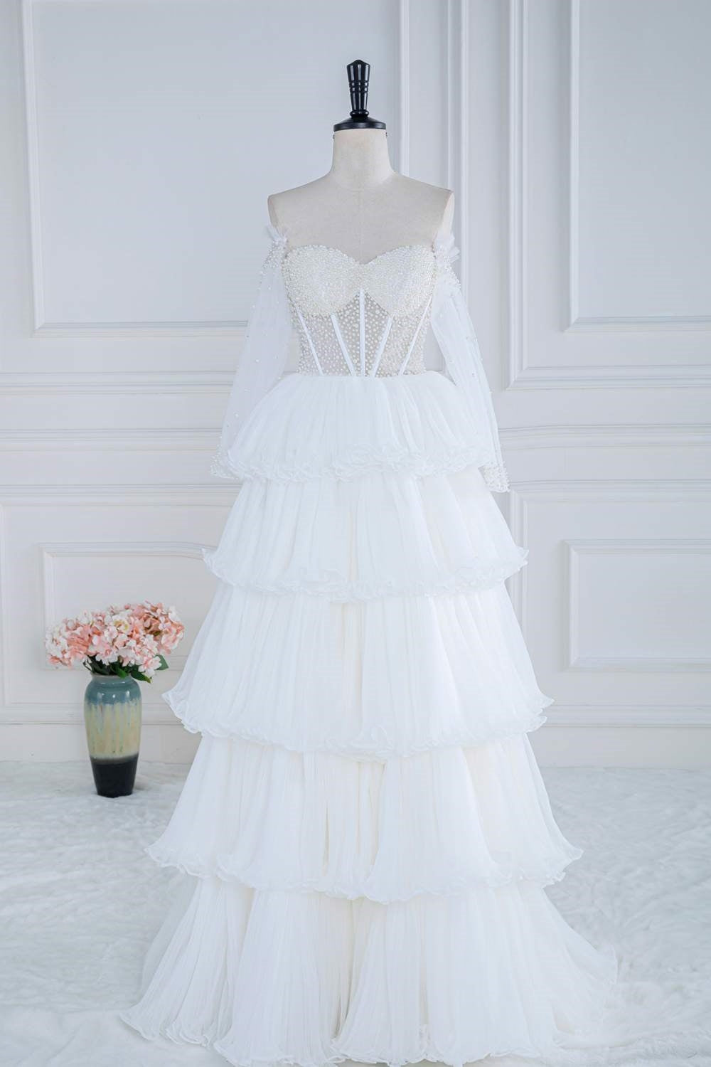 Off-Shoulder White Pearl Beaded Ruffle Tulle Long Prom Dress Movousdress Off-Shoulder White Pearl Beaded Ruffle Tulle Long Prom Dress Movousdress