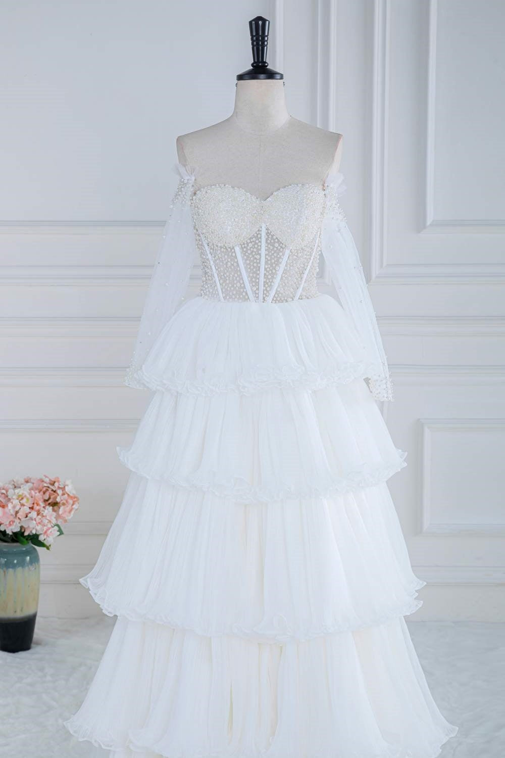 Off-Shoulder White Pearl Beaded Ruffle Tulle Long Prom Dress