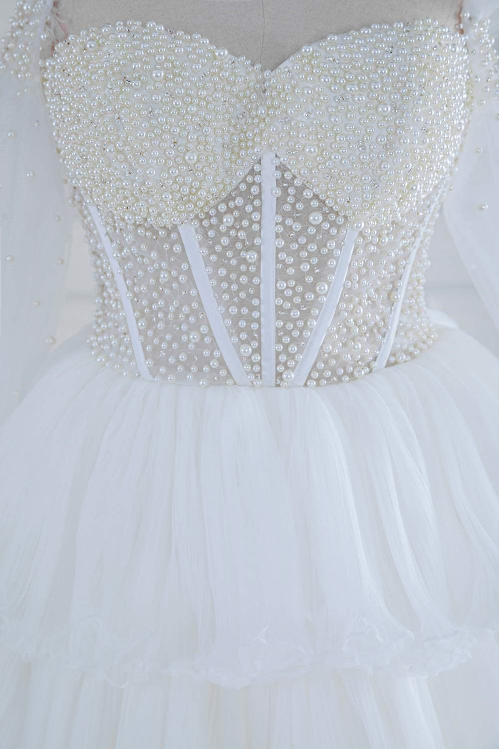 Off-Shoulder White Pearl Beaded Ruffle Tulle Long Prom Dress