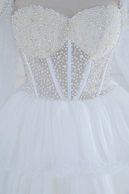 Off-Shoulder White Pearl Beaded Ruffle Tulle Long Prom Dress