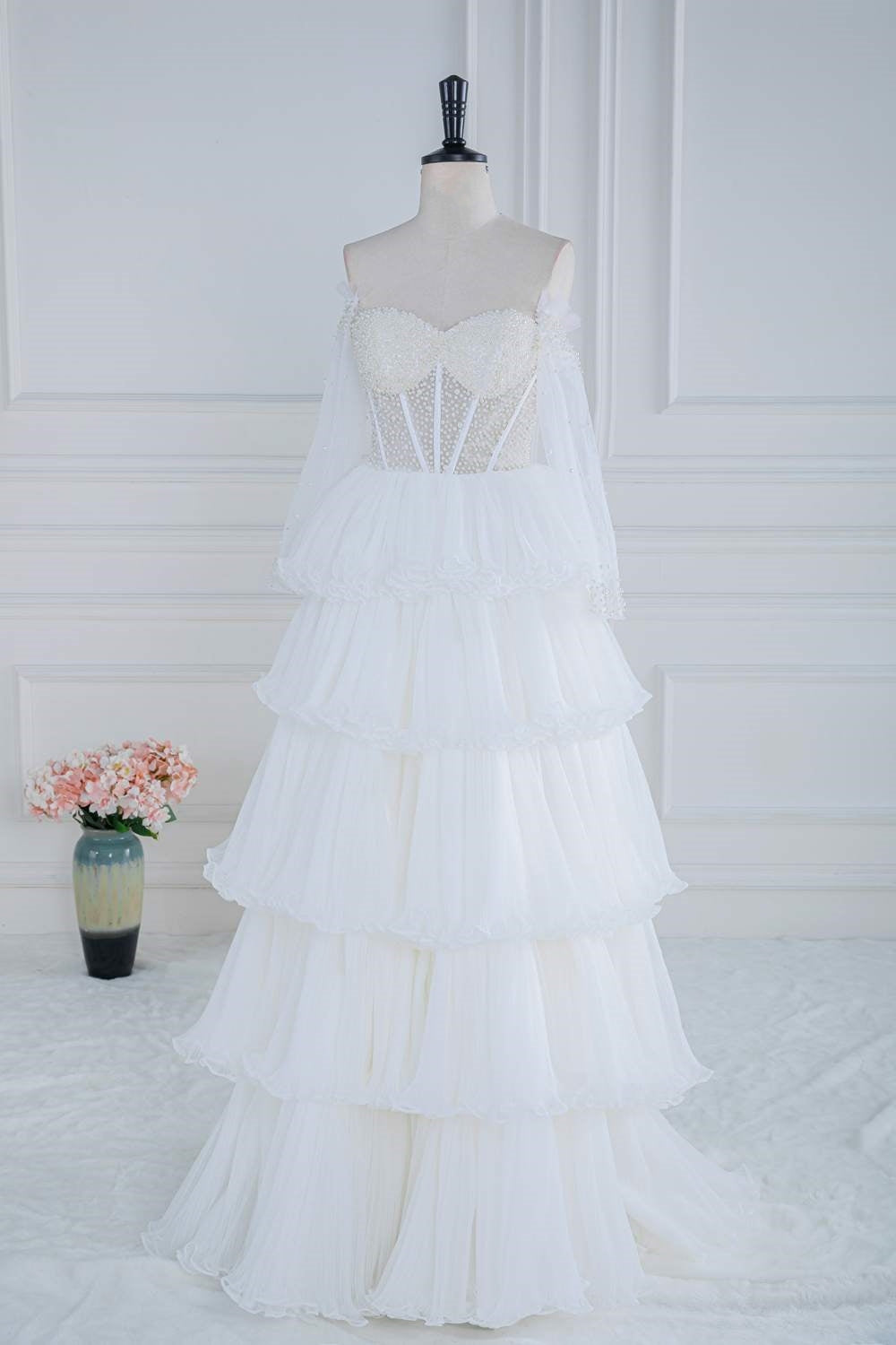 Off-Shoulder White Pearl Beaded Ruffle Tulle Long Prom Dress