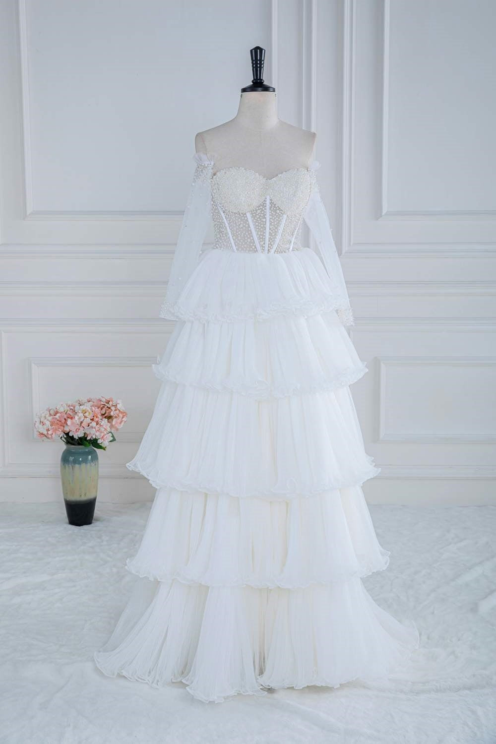 Off-Shoulder White Pearl Beaded Ruffle Tulle Long Prom Dress