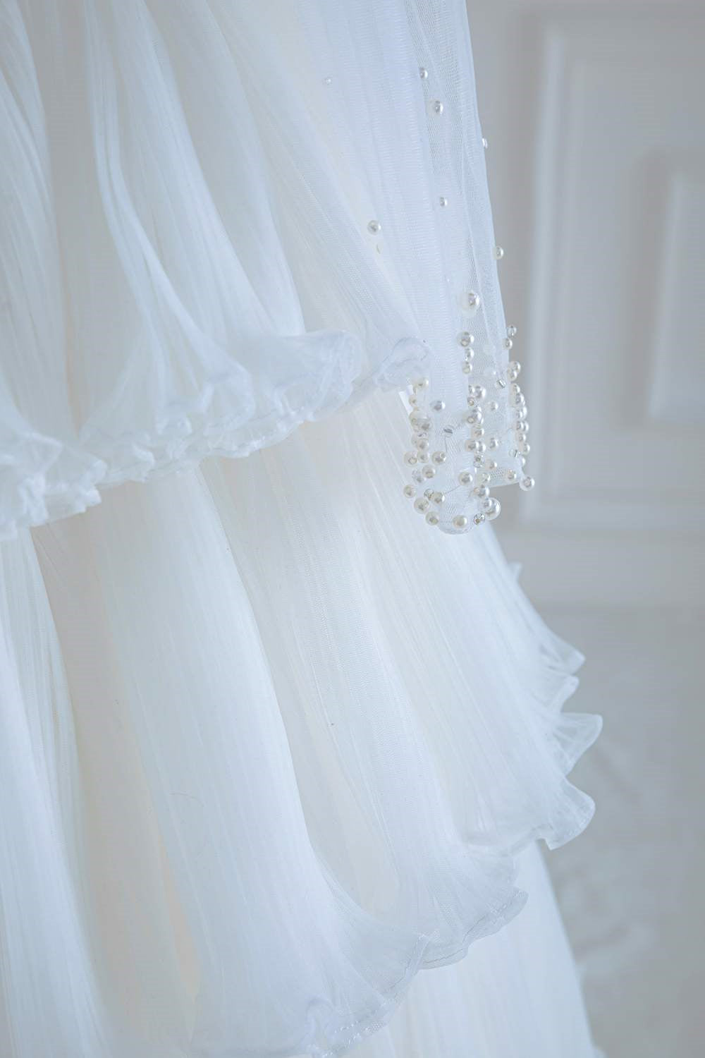 Off-Shoulder White Pearl Beaded Ruffle Tulle Long Prom Dress