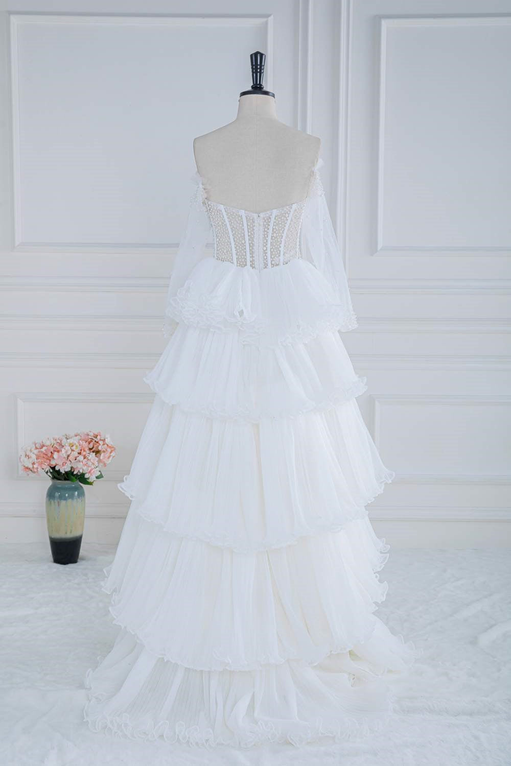 Off-Shoulder White Pearl Beaded Ruffle Tulle Long Prom Dress