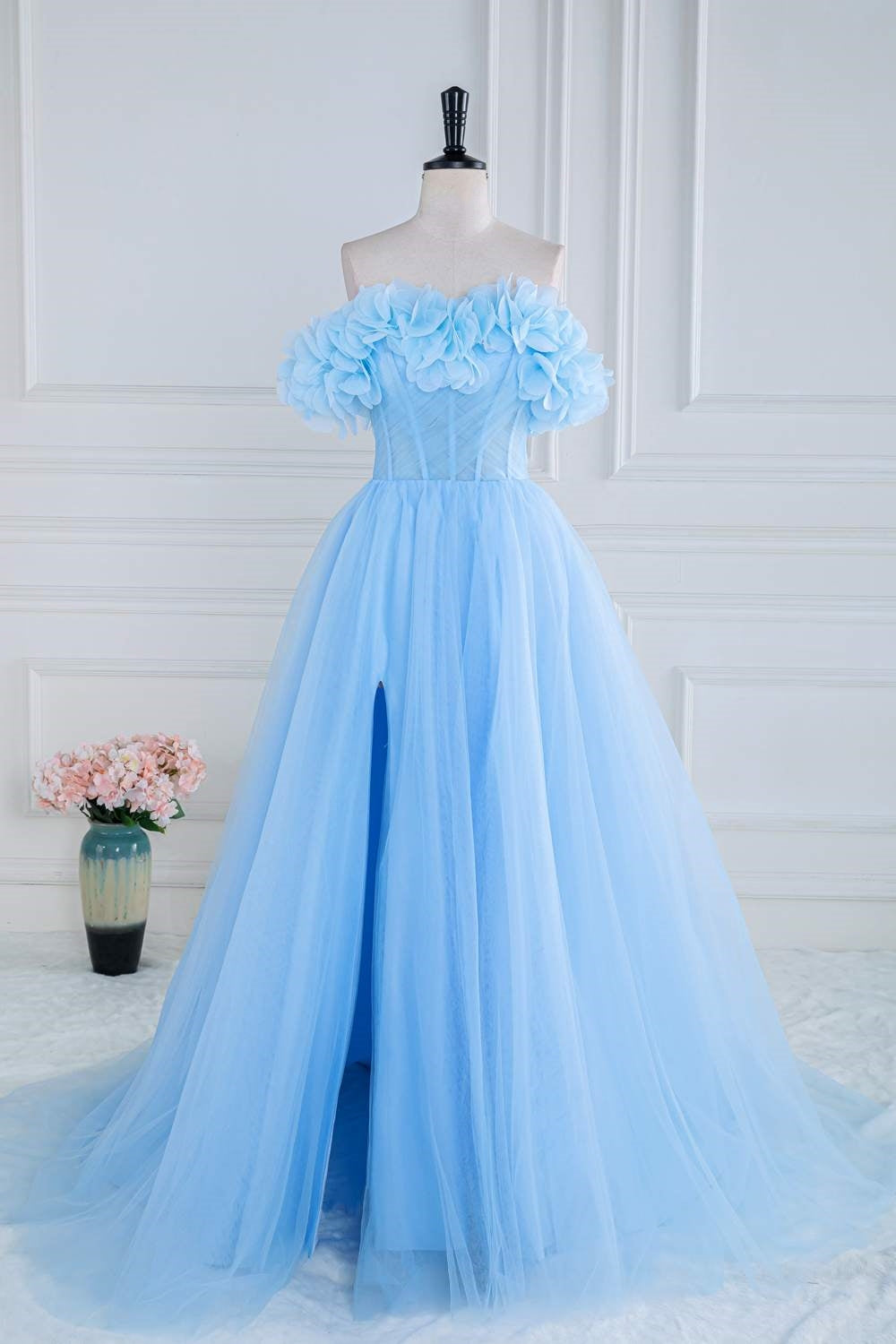 Off-Shoulder Light Blue Flowers A-line Slit Tulle Long Prom Dress