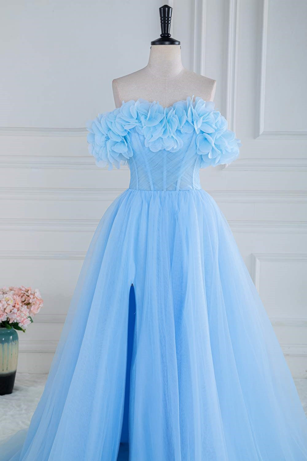 Off-Shoulder Light Blue Flowers A-line Slit Tulle Long Prom Dress