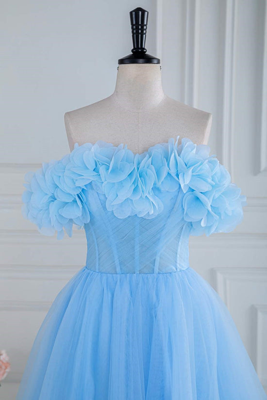 Off-Shoulder Light Blue Flowers A-line Slit Tulle Long Prom Dress