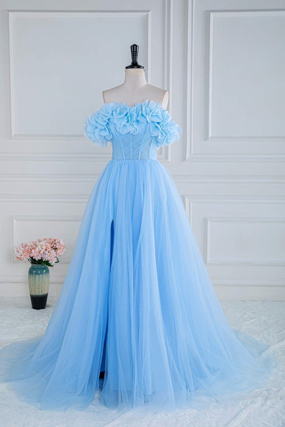 Off-Shoulder Light Blue Flowers A-line Slit Tulle Long Prom Dress