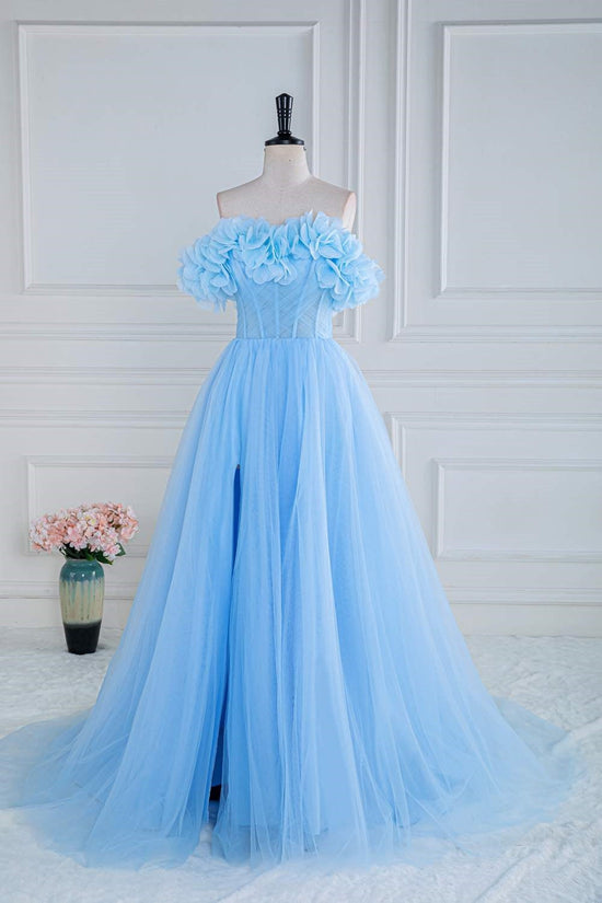 Off-Shoulder Light Blue Flowers A-line Slit Tulle Long Prom Dress