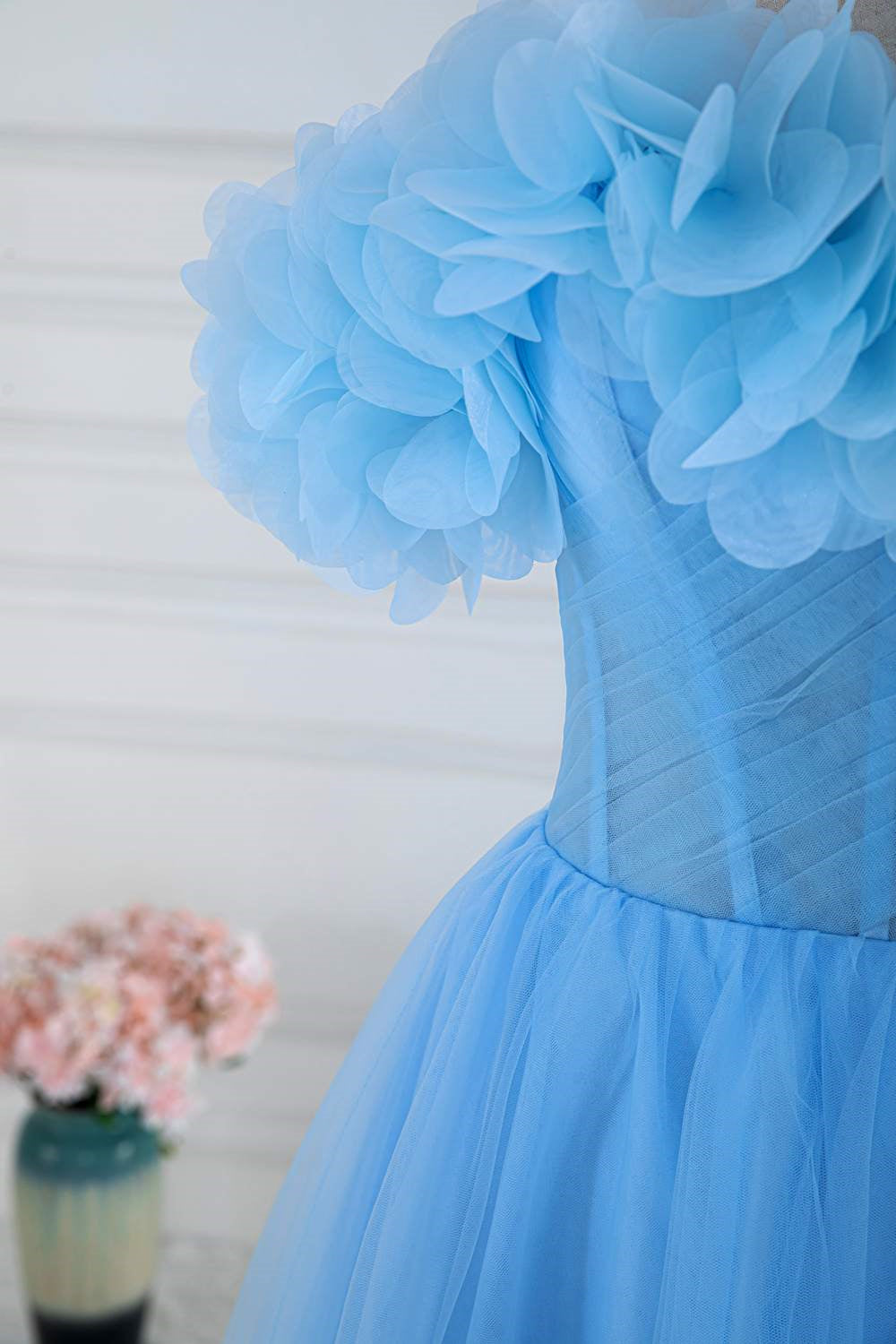 Off-Shoulder Light Blue Flowers A-line Slit Tulle Long Prom Dress