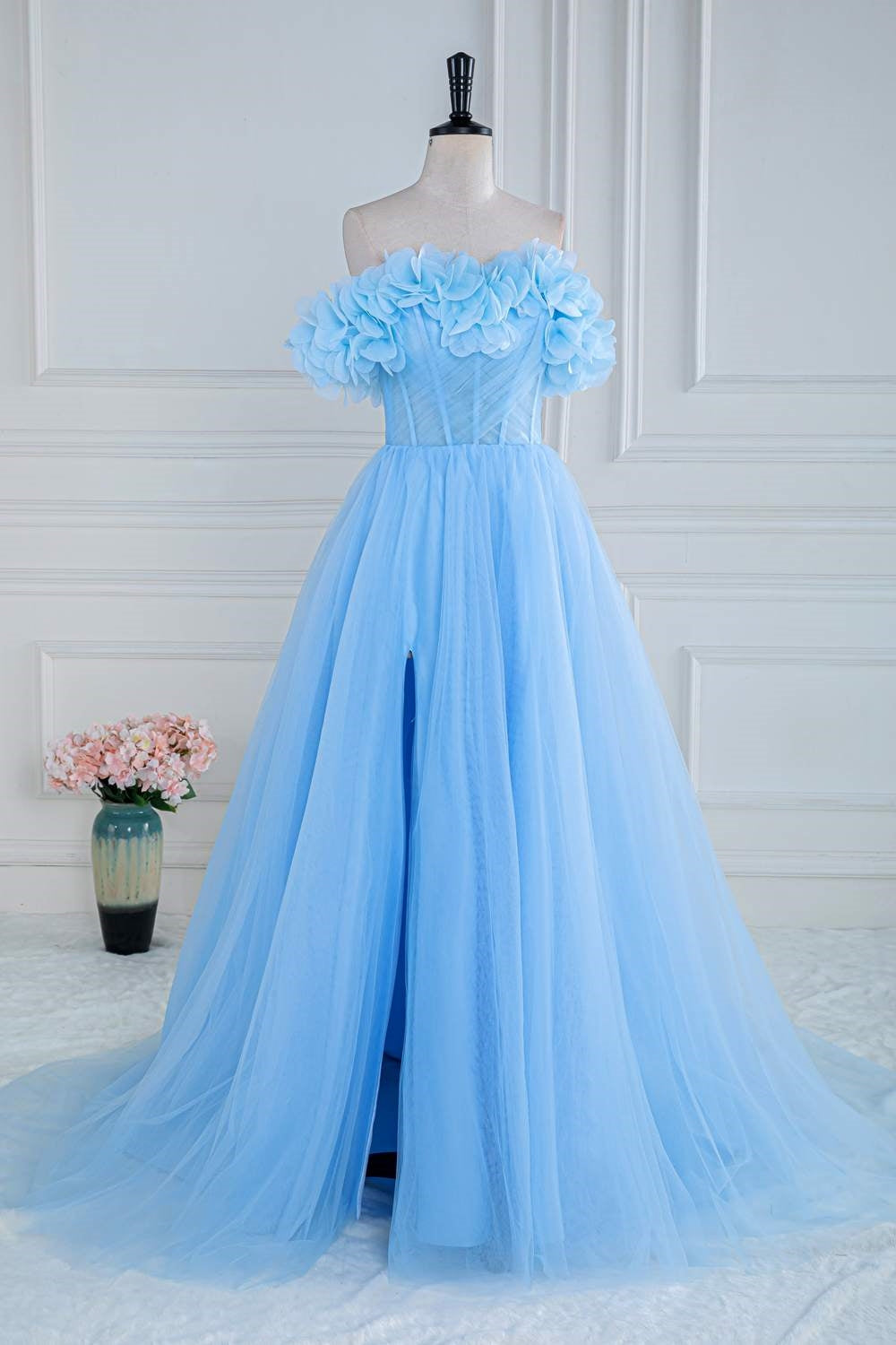 Off-Shoulder Light Blue Flowers A-line Slit Tulle Long Prom Dress