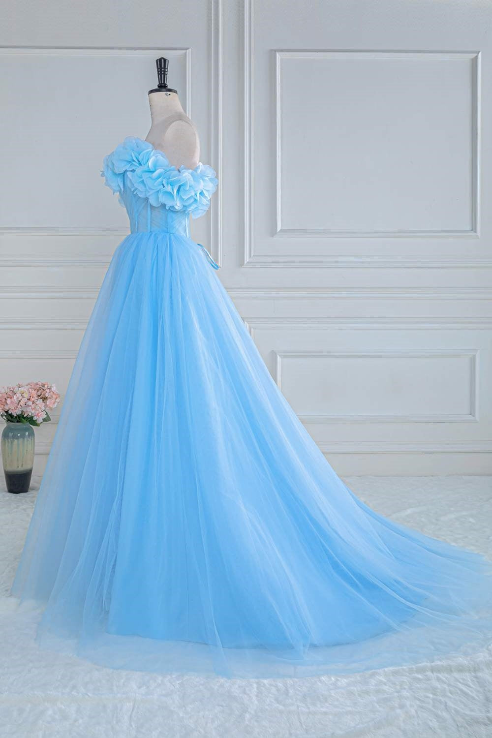 Off-Shoulder Light Blue Flowers A-line Slit Tulle Long Prom Dress