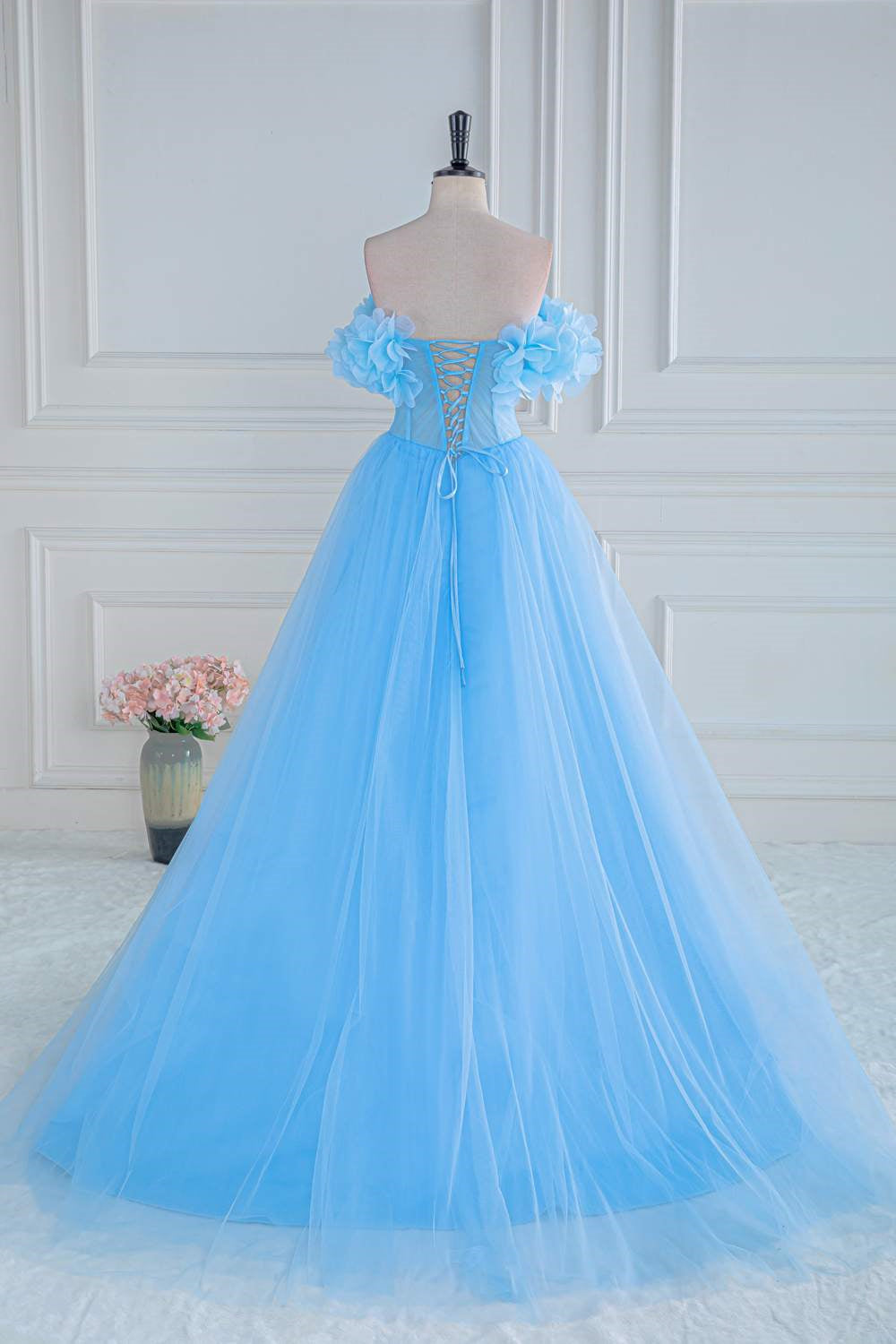 Off-Shoulder Light Blue Flowers A-line Slit Tulle Long Prom Dress