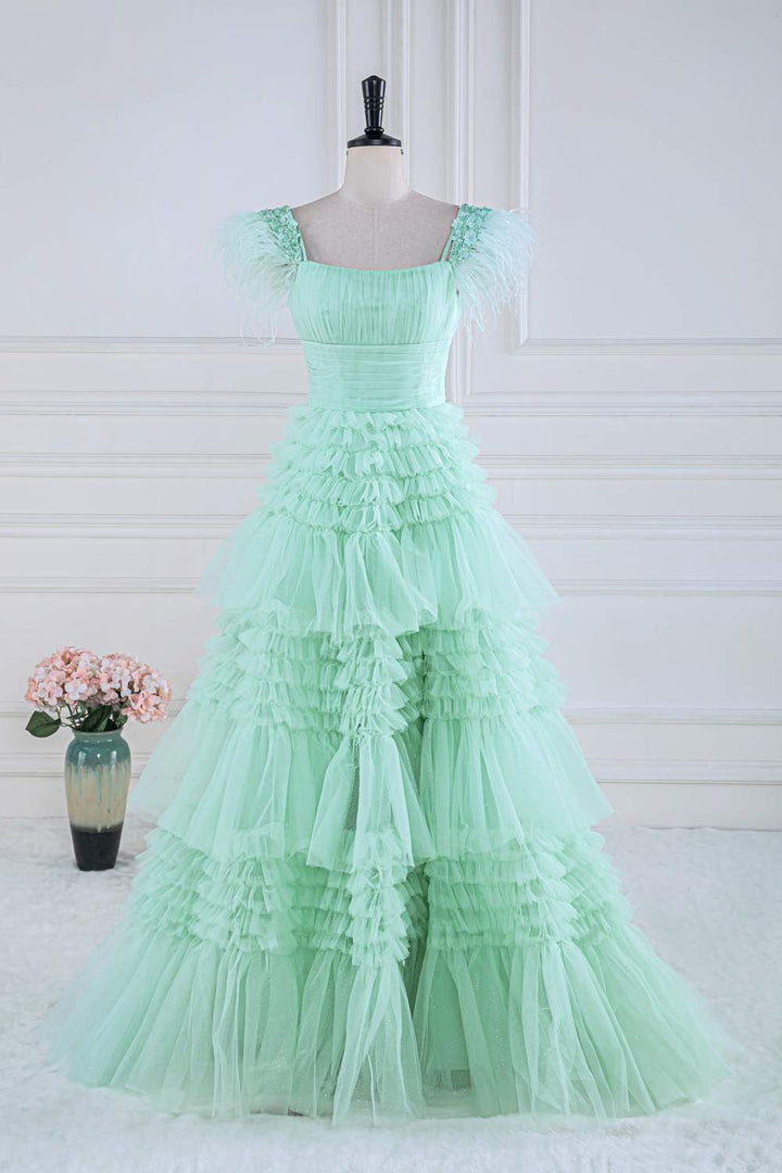 Feather Sleeves Mint Green A-line Ruffle Long Prom Dressss