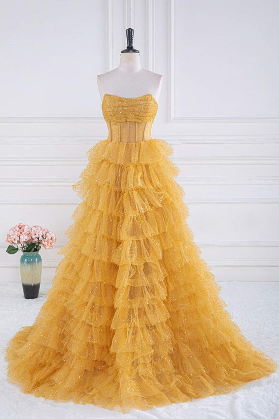 Strapless Yellow Sequined Ruffle A-line Long Prom Dress