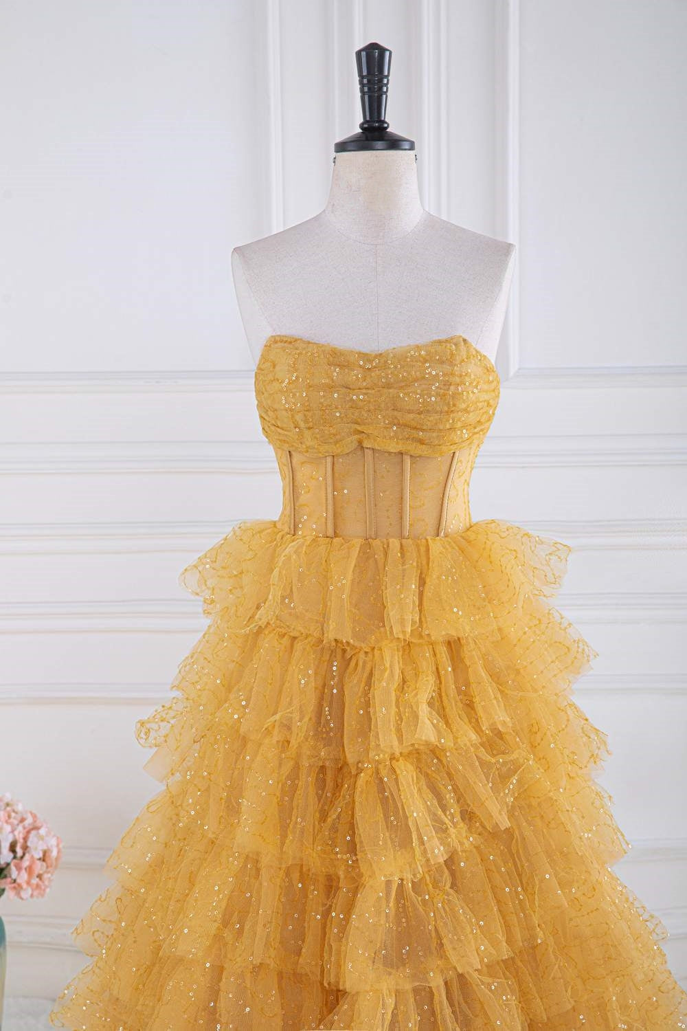 Strapless Yellow Sequined Ruffle A-line Long Prom Dress