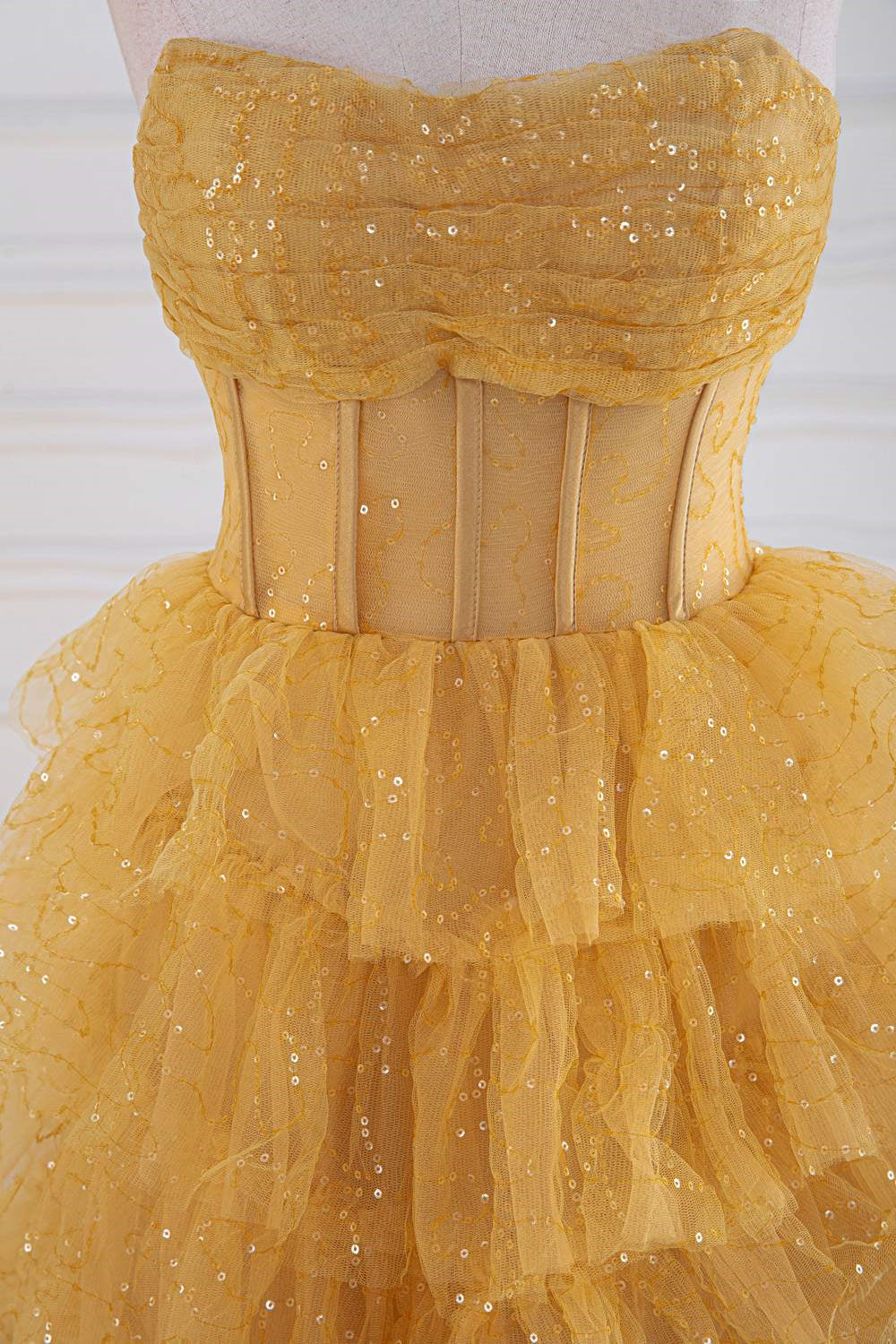 Strapless Yellow Sequined Ruffle A-line Long Prom Dress