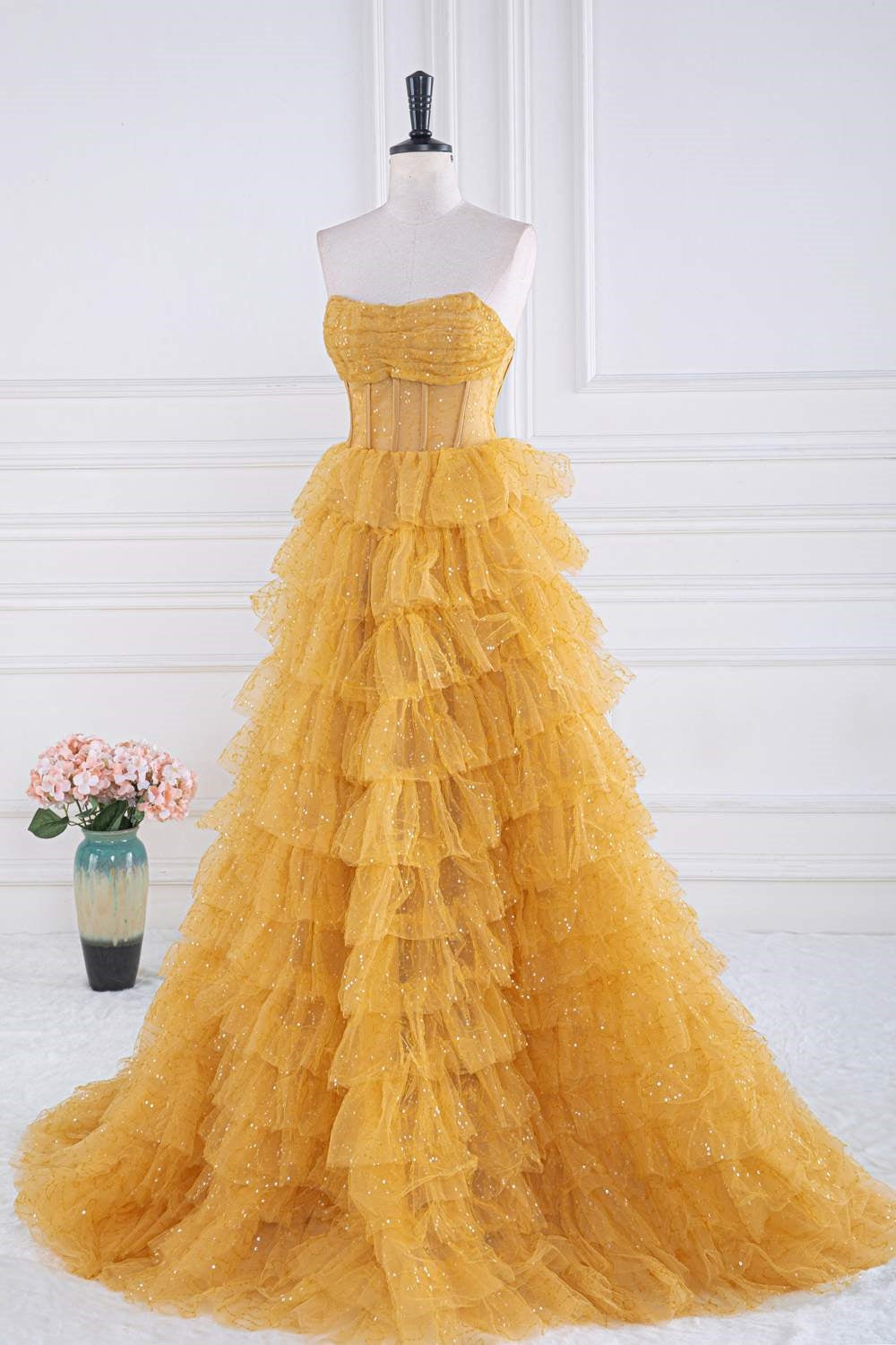 Strapless Yellow Sequined Ruffle A-line Long Prom Dress