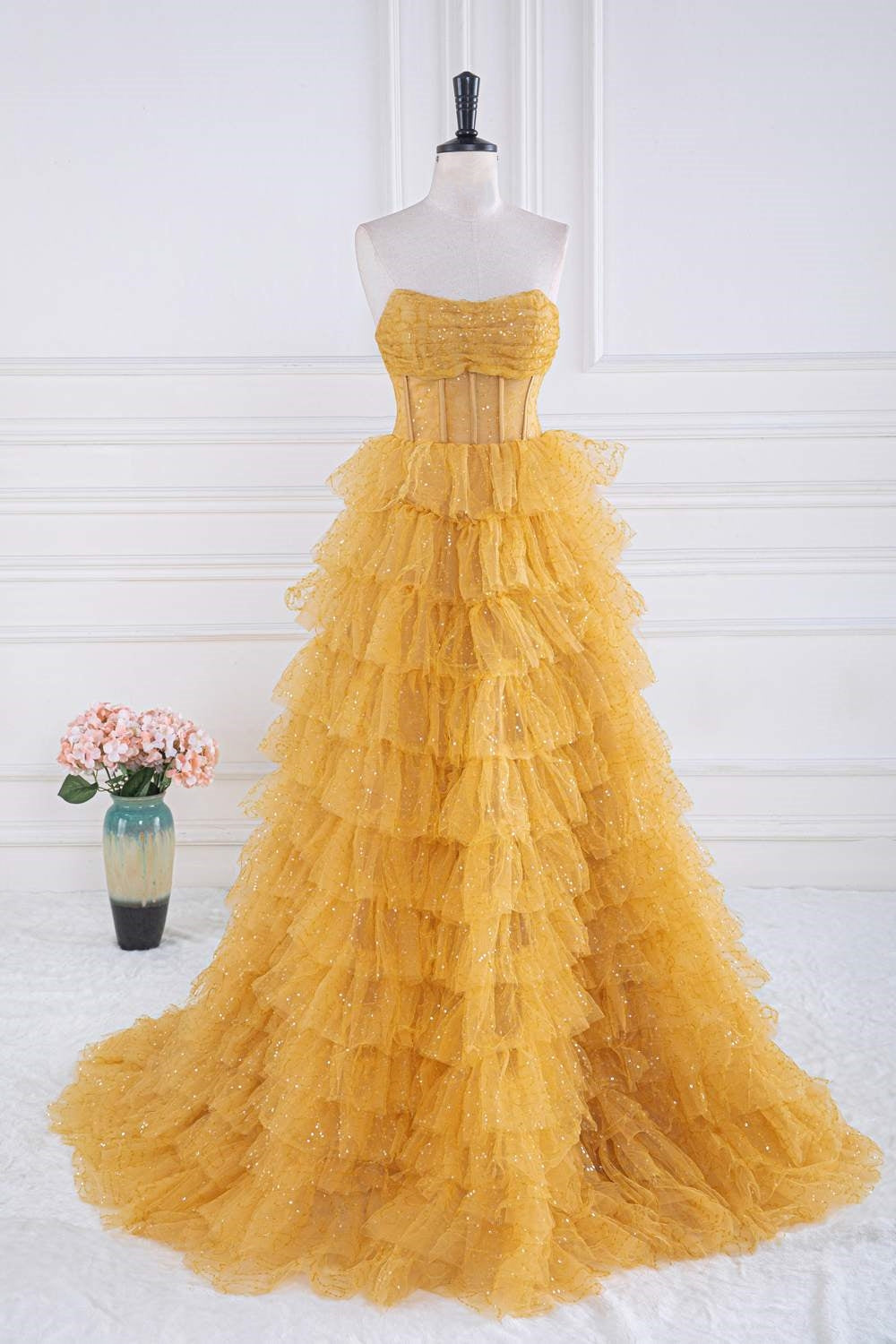 Strapless Yellow Sequined Ruffle A-line Long Prom Dress