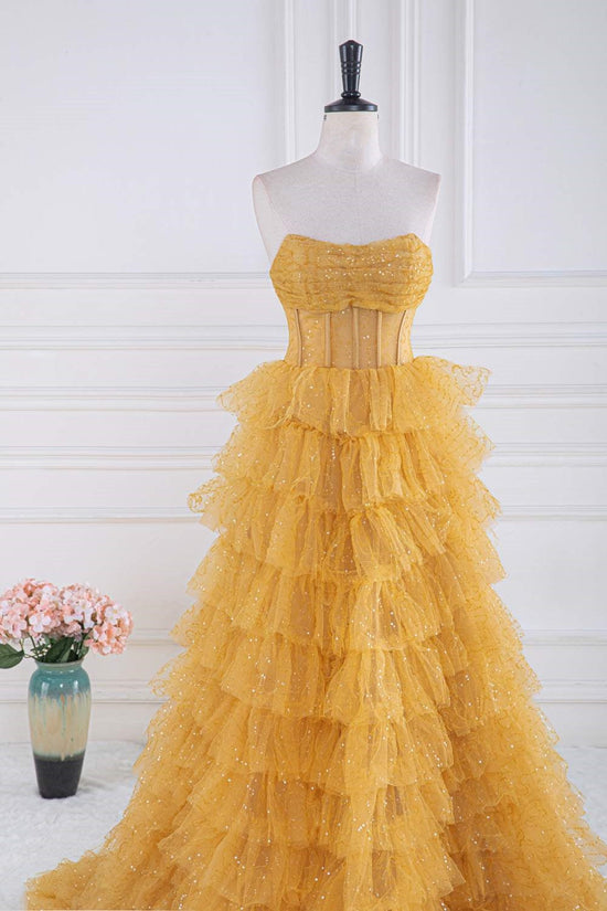 Strapless Yellow Sequined Ruffle A-line Long Prom Dress