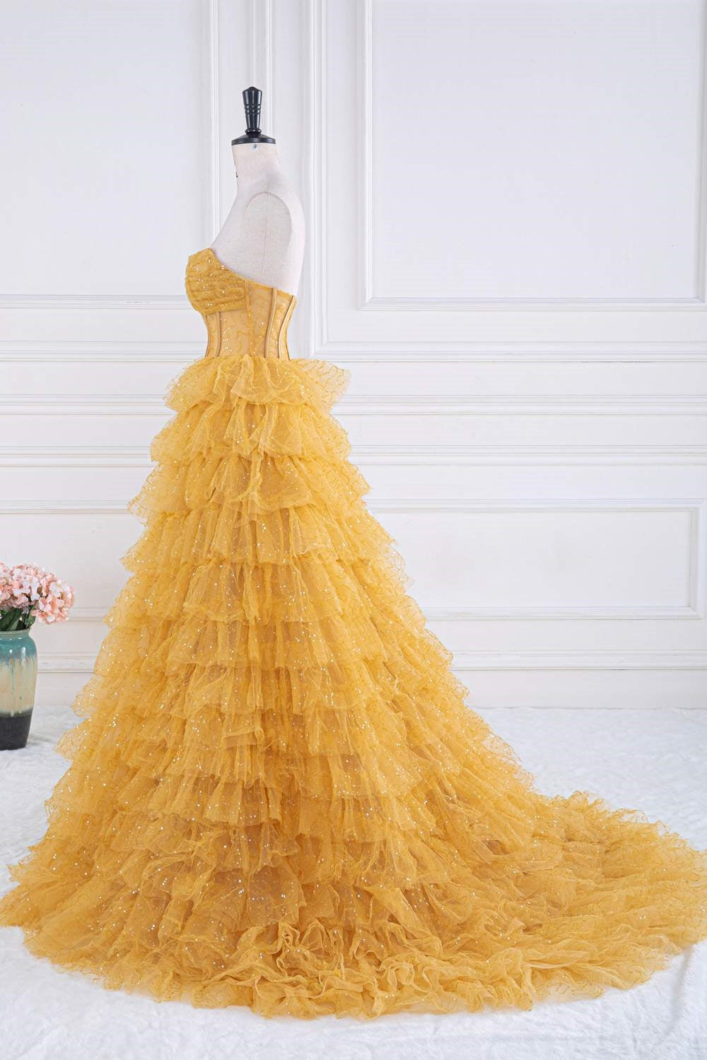 Strapless Yellow Sequined Ruffle A-line Long Prom Dress