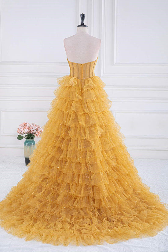 Strapless Yellow Sequined Ruffle A-line Long Prom Dress