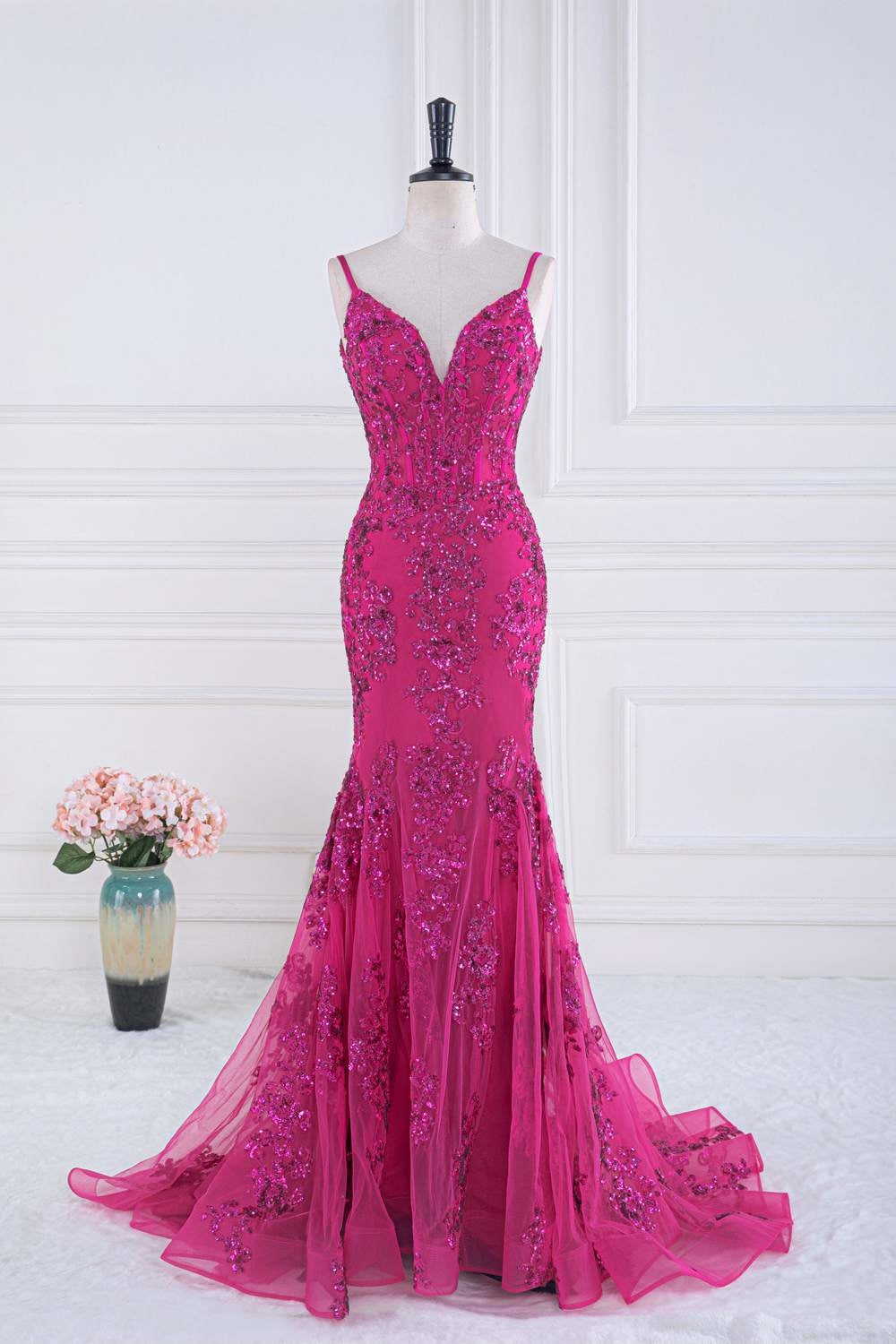 Fuchsia V-Neck Sequined Applique Mermaid Long Prom Dress