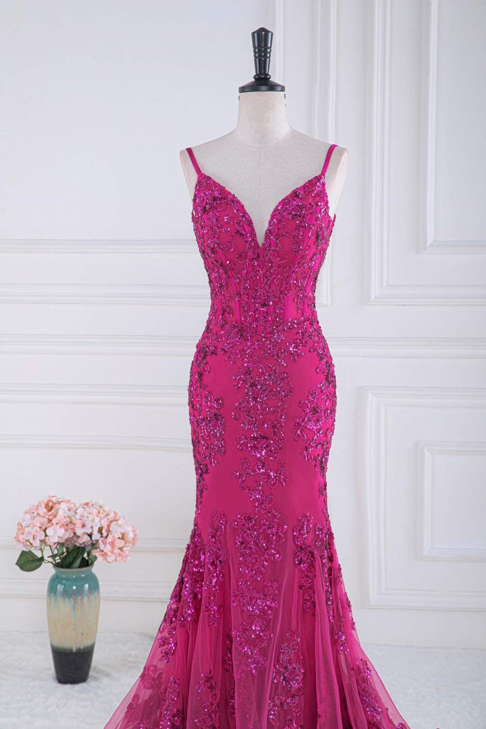 Fuchsia V Neck Sequined Mermaid Slip Long Prom Dress