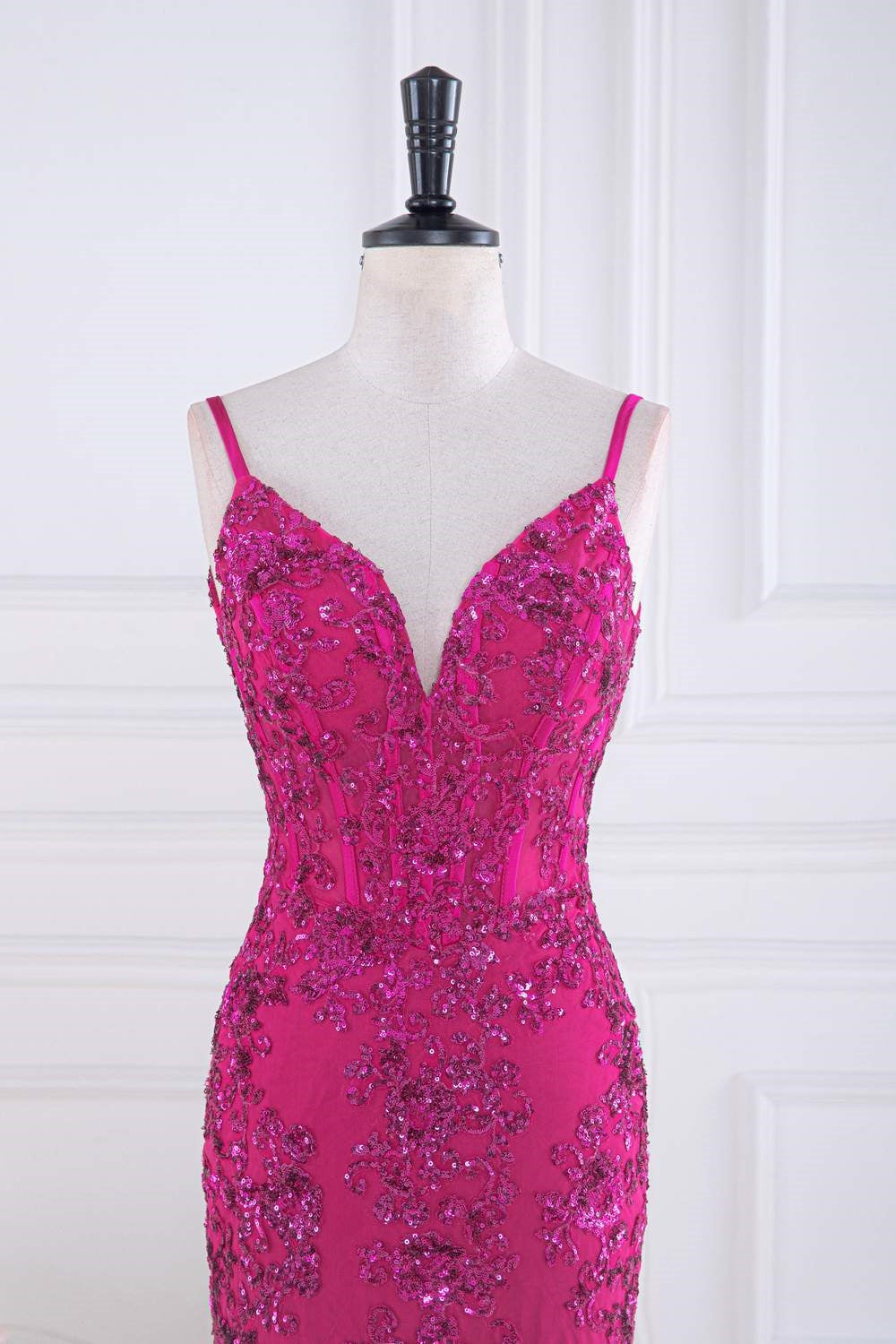 Fuchsia V Neck Sequined Mermaid Slip Long Prom Dress