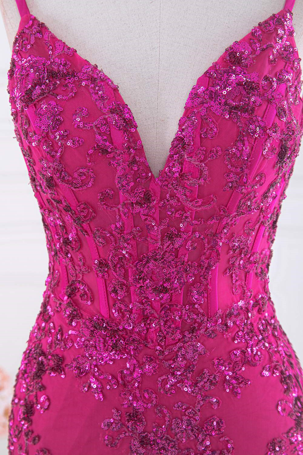 Fuchsia V Neck Sequined Mermaid Slip Long Prom Dress