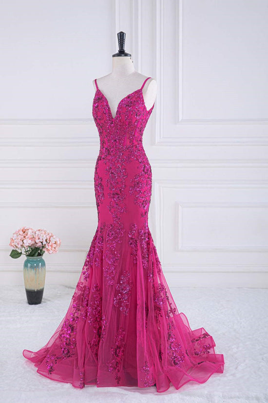 Fuchsia V-Neck Sequined Applique Mermaid Long Prom Dress