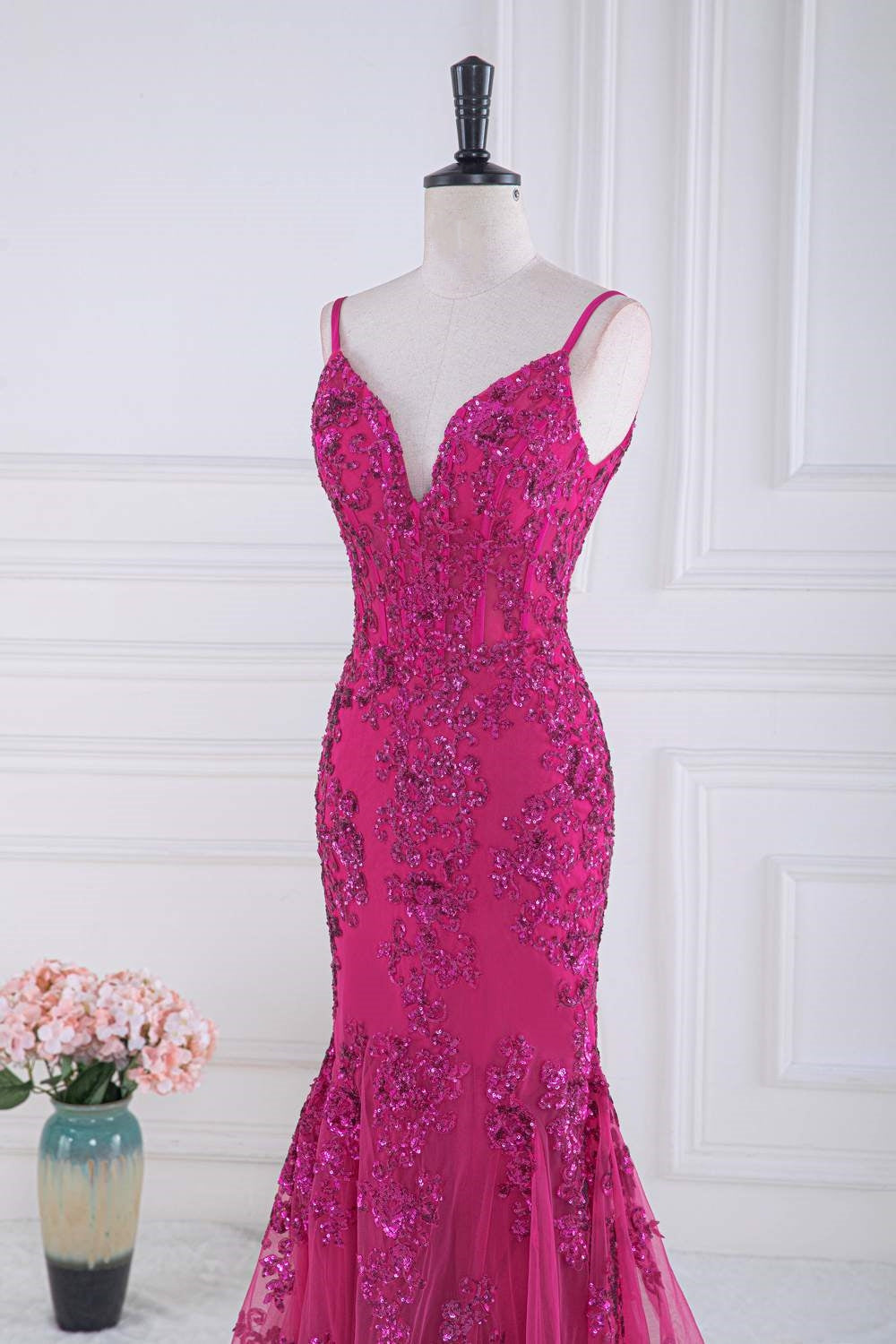 Fuchsia V Neck Sequined Mermaid Slip Long Prom Dress