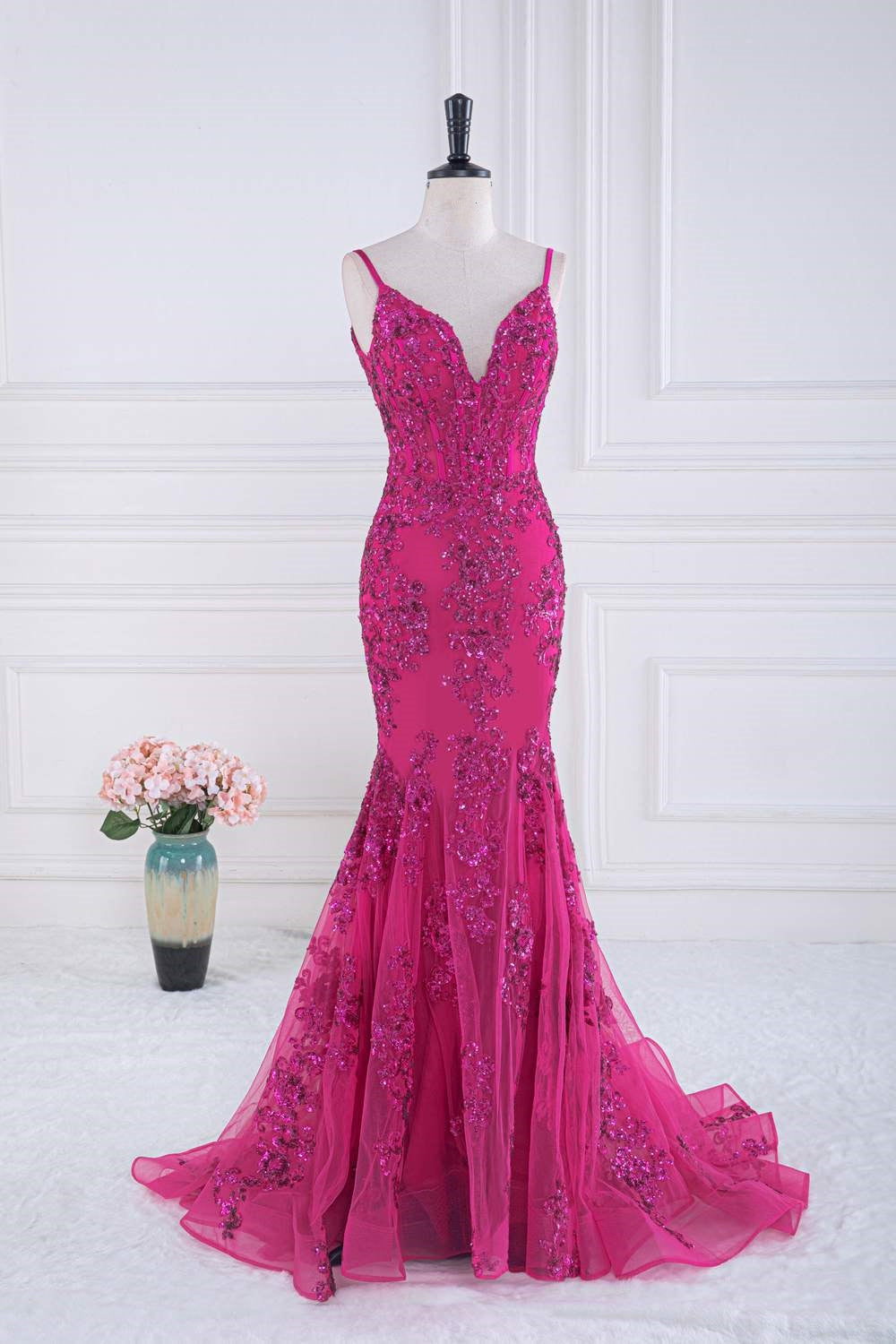 Fuchsia V Neck Sequined Mermaid Slip Long Prom Dress