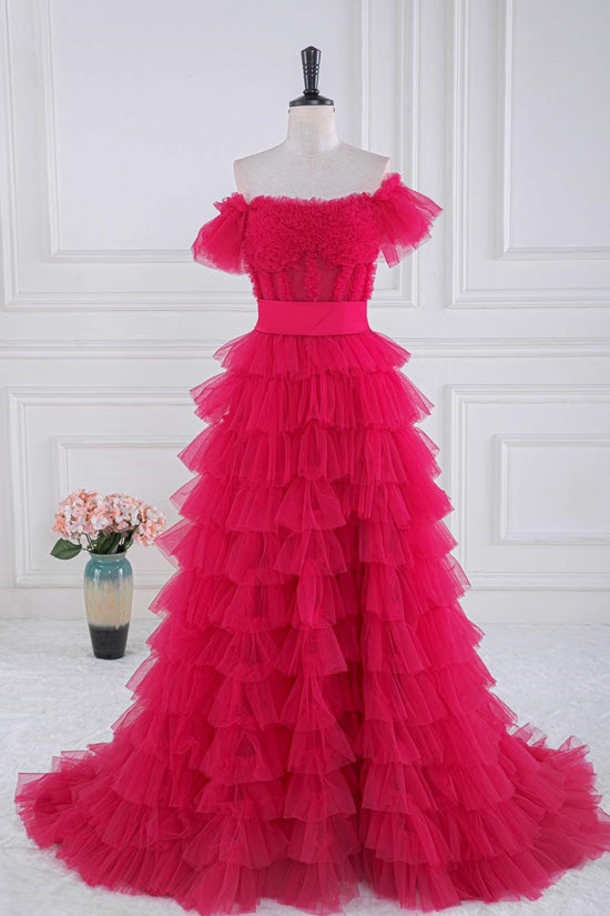 Off-Shoulder Rose Pink Slit Ruffled Layers Long Prom Dress