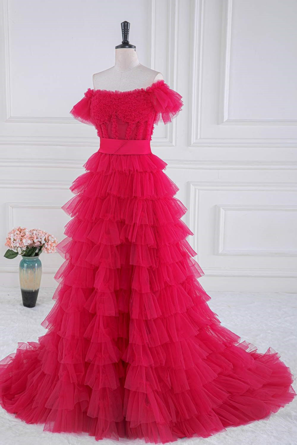 Off-Shoulder Rose Pink Slit Ruffled Layers Long Prom Dress