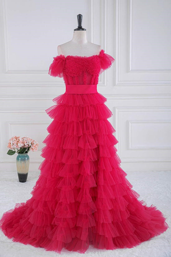 Off-Shoulder Rose Pink Slit Ruffled Layers Long Prom Dress