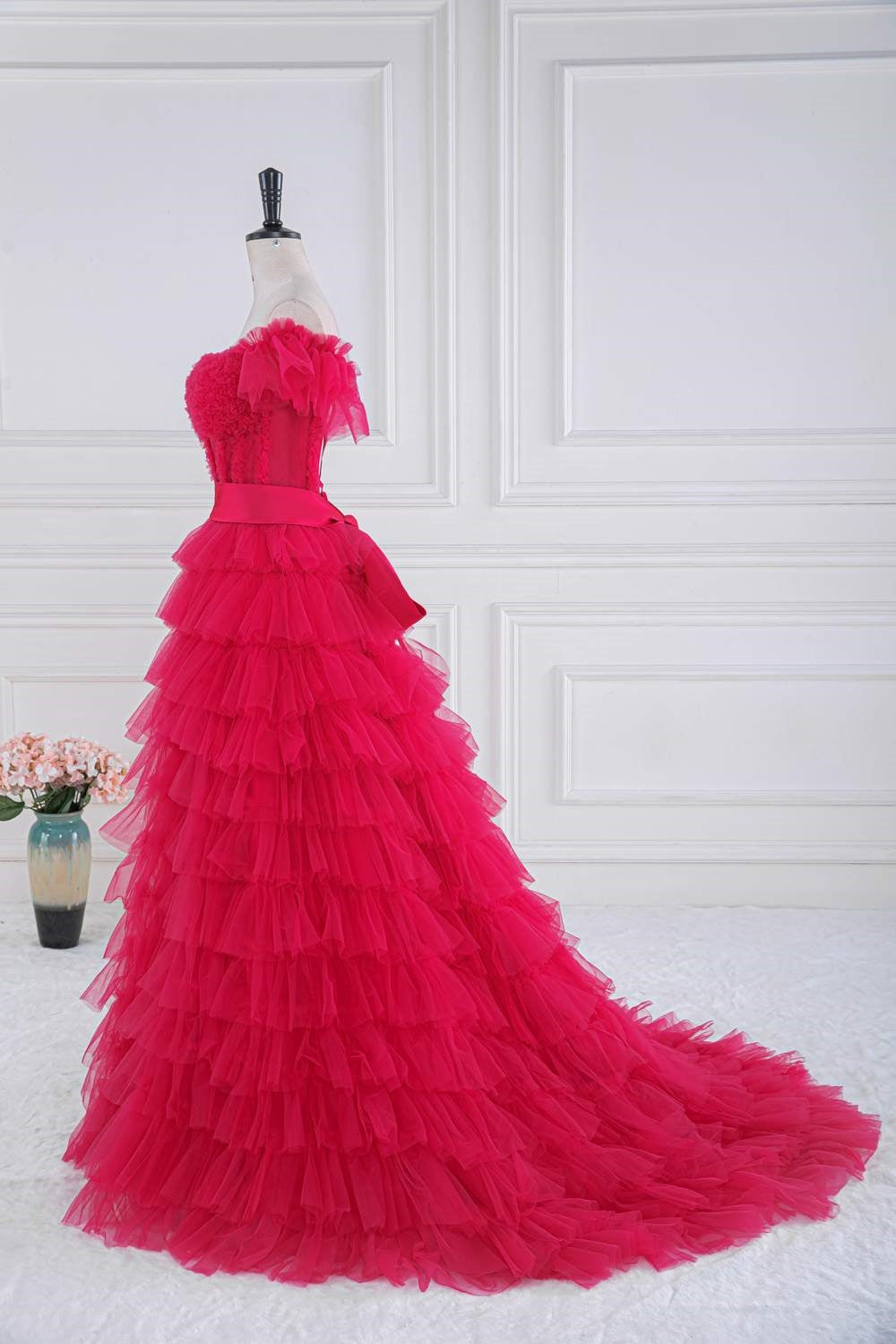 Off-Shoulder Rose Pink Slit Ruffled Layers Long Prom Dress