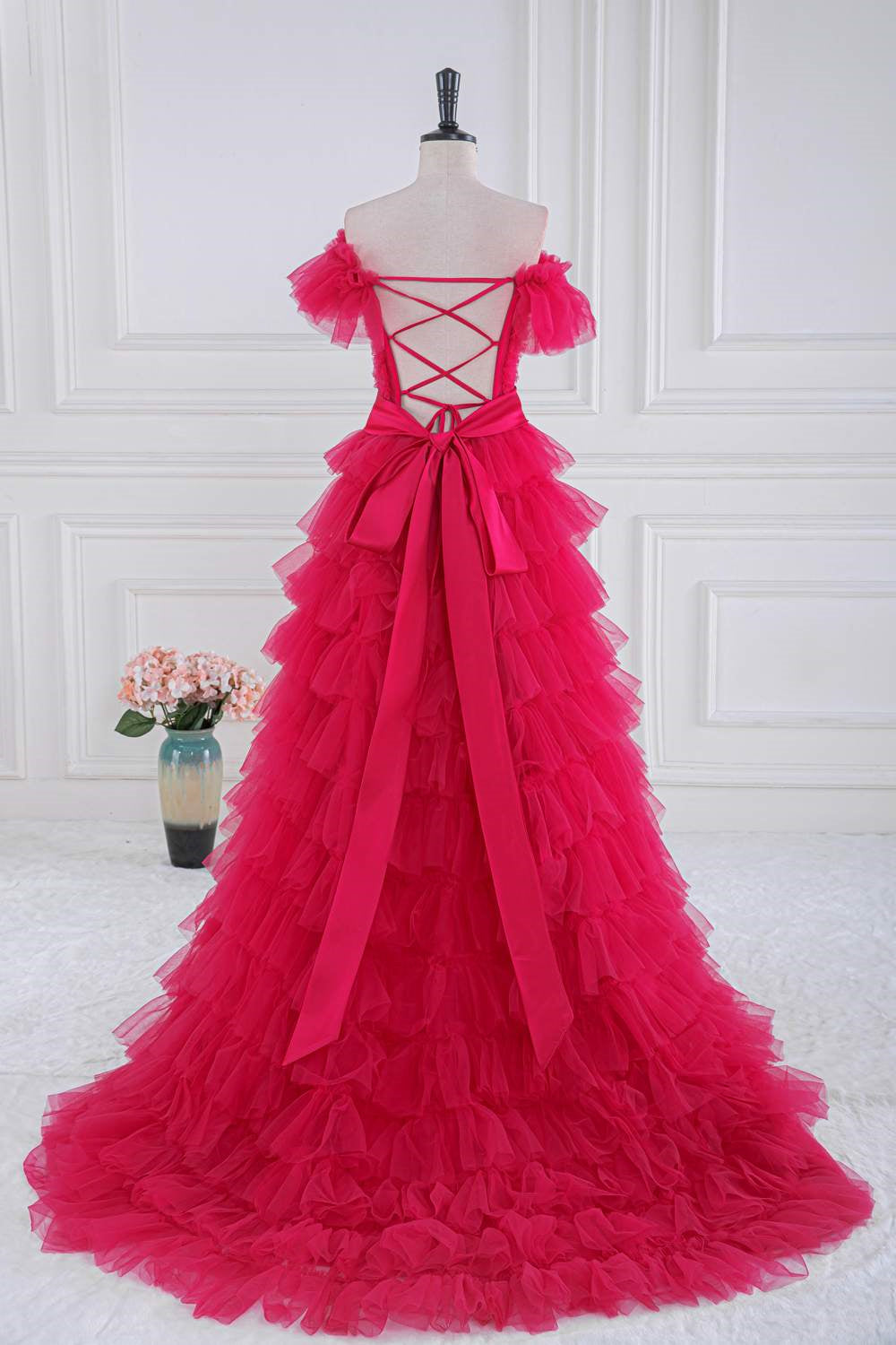 Off-Shoulder Rose Pink Slit Ruffled Layers Long Prom Dress