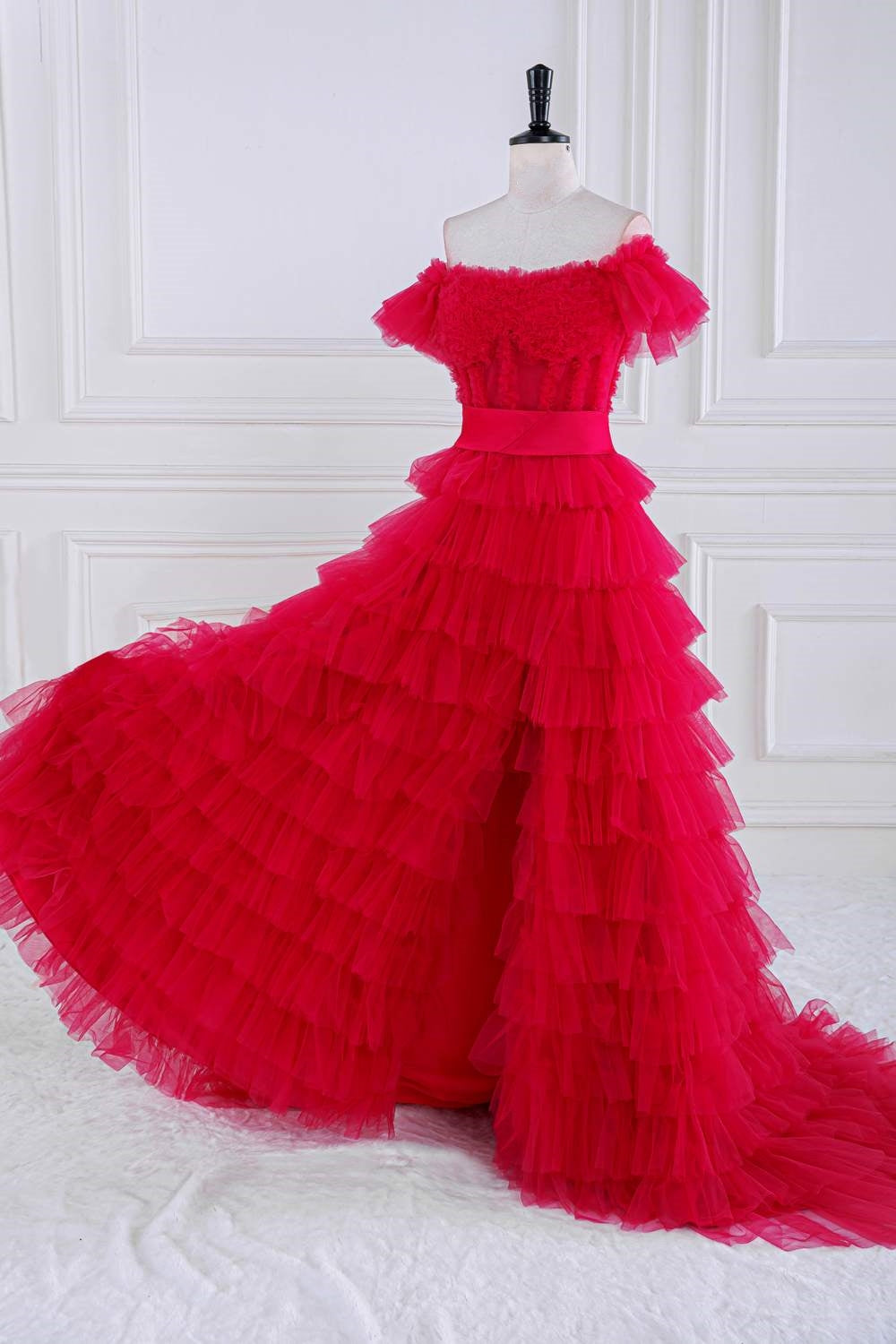 Off-Shoulder Rose Pink Slit Ruffled Layers Long Prom Dress