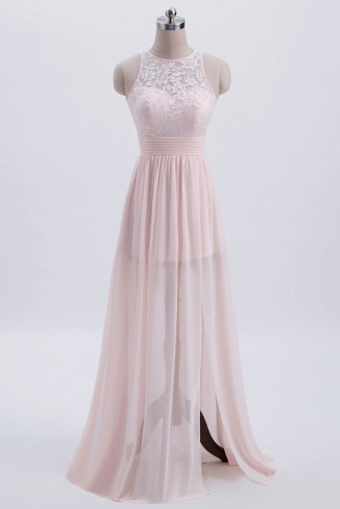 Pink Crew Neck Lace Long Bridesmaid Dress with Slit