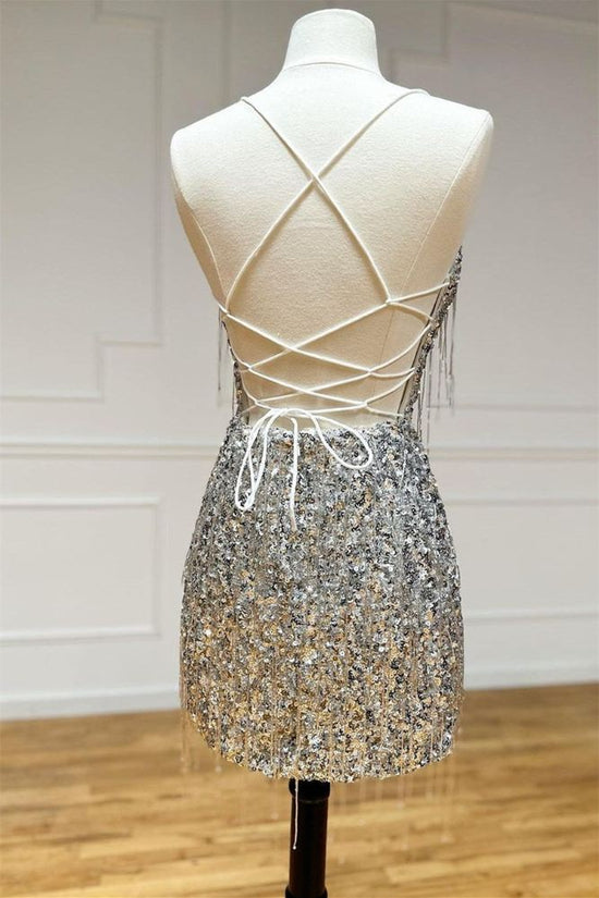 V-Neck Gold Sequin Tight Homecoming Dress with Tassel