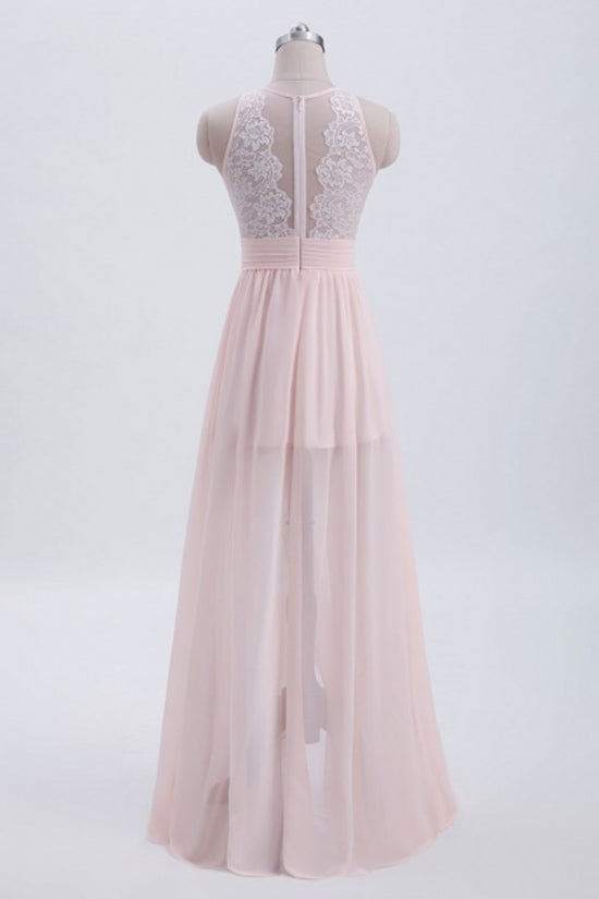 Pink Crew Neck Lace Long Bridesmaid Dress with Slit