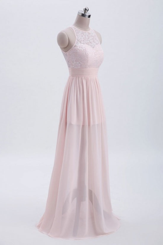 Pink Crew Neck Lace Long Bridesmaid Dress with Slit