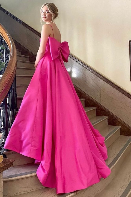 Fuchsia Ruffle A-Line Long Prom Dress with Bow