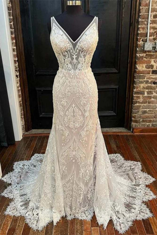 Ivory V-Neck Lace Beading Mermaid Wedding Dress