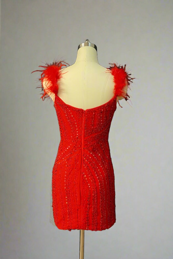 Red V-Neck Beading Bodycon Homecoming Dress with Feather