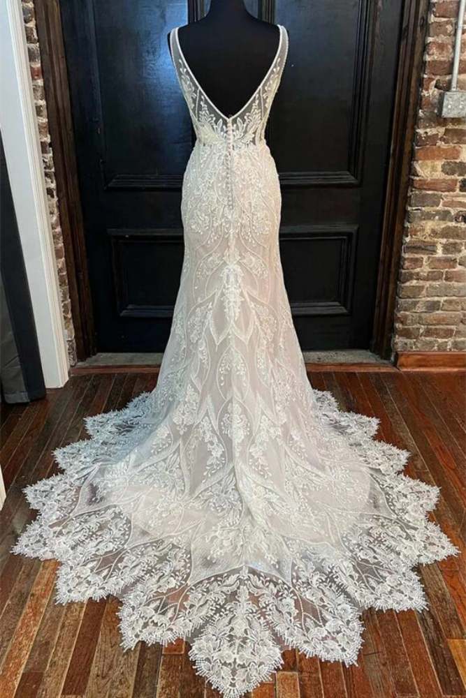 Ivory V-Neck Lace Beading Mermaid Wedding Dress