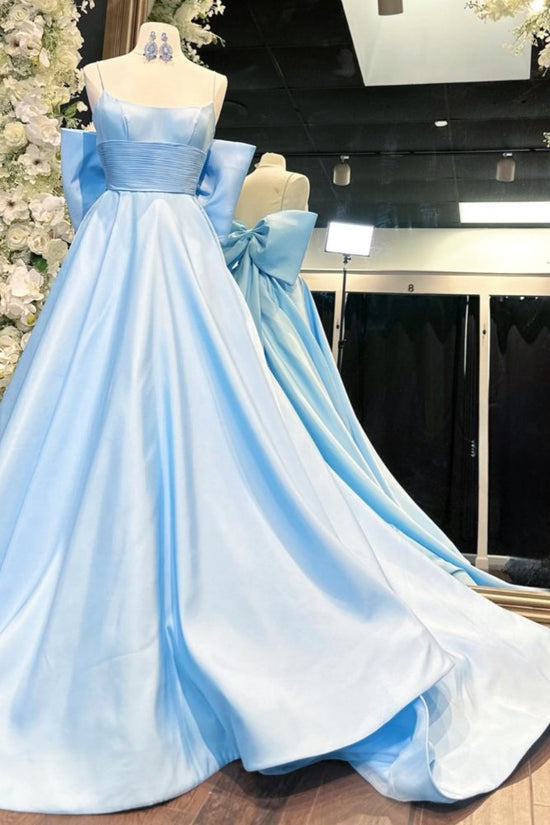 Light Blue Ruffle A-Line Long Prom Dress with Bow